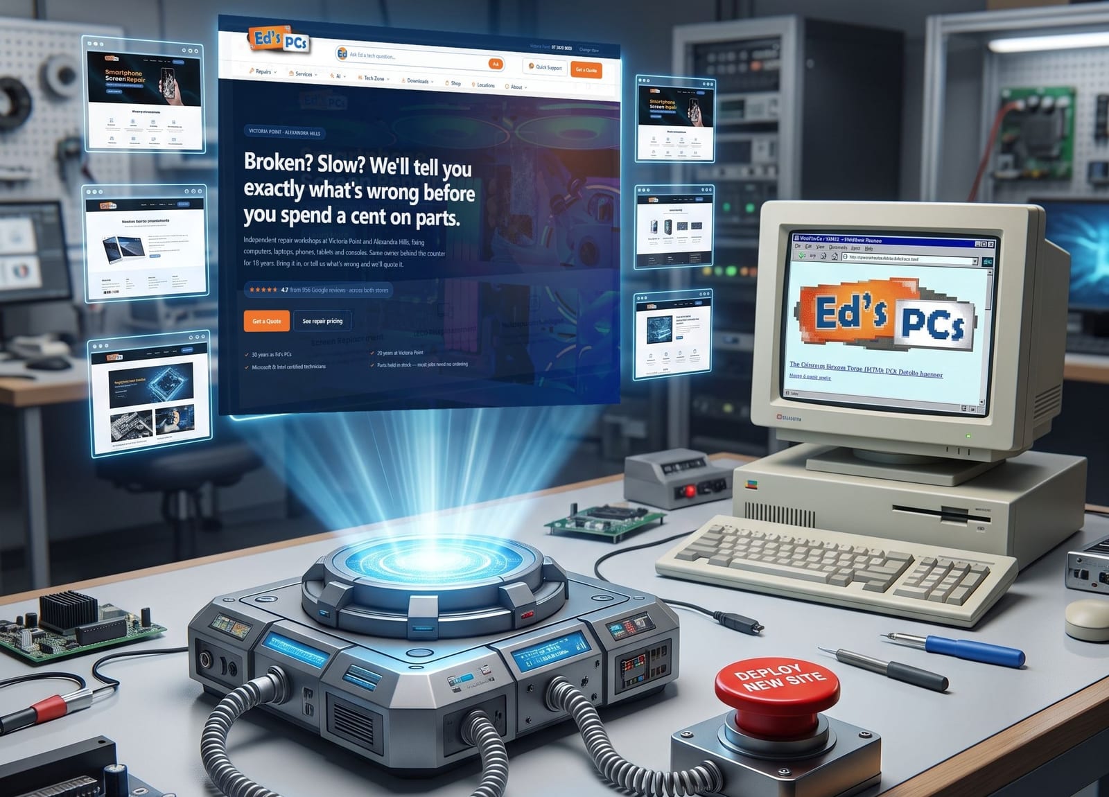 A concept illustration of the new Ed's PCs website being deployed from the workshop bench, replacing an old, outdated screen.