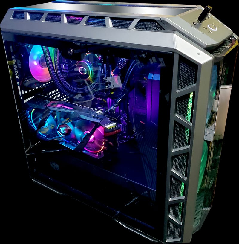 A gunmetal Cooler Master PC case shot from the front corner, with a triple-fan AORUS graphics card and a Cooler Master liquid cooler lit blue and purple behind the glass, and green-lit fans in the front column