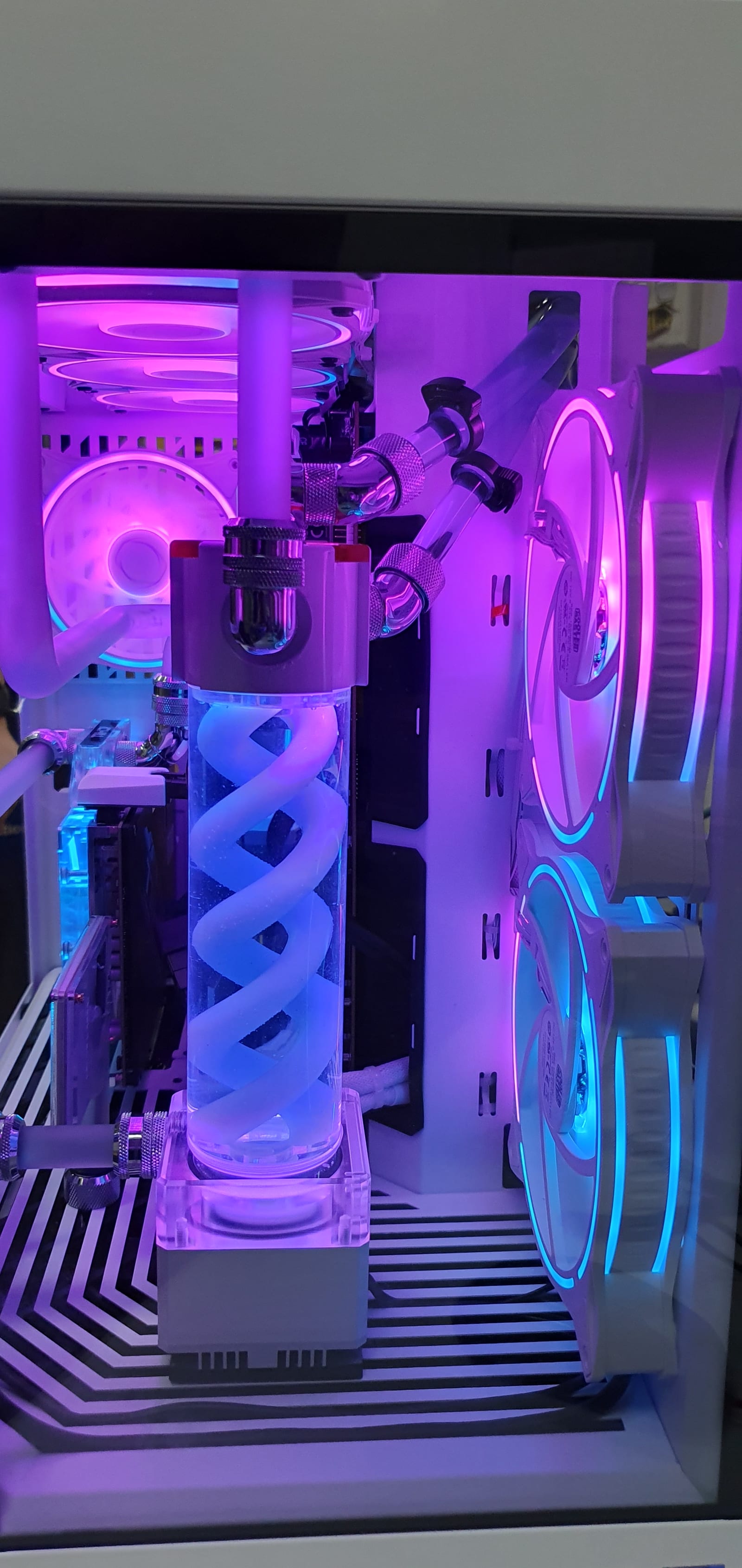 A close view of the top-mounted radiator and fans, lit purple and blue