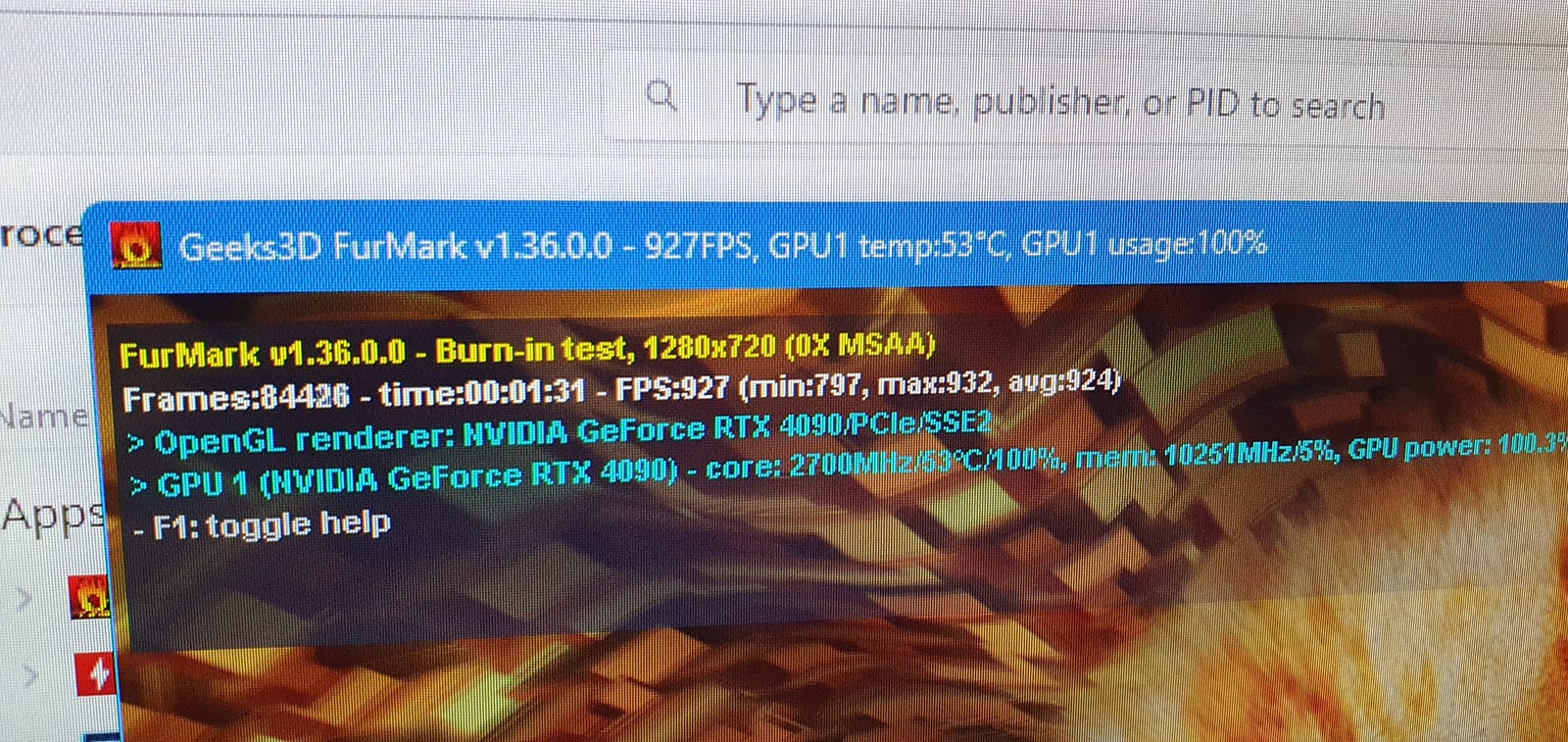A FurMark burn-in test running on screen, reporting an NVIDIA GeForce RTX 4090 at 100% usage and 53 degrees