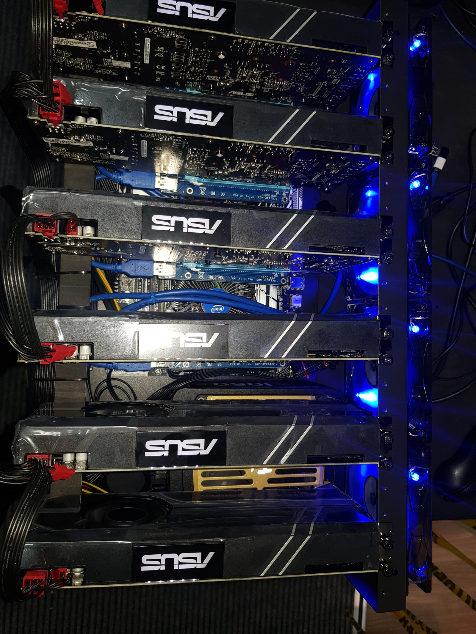 Looking down on eight ASUS graphics cards mounted side by side in an open mining rig frame, blue LED fans glowing behind them