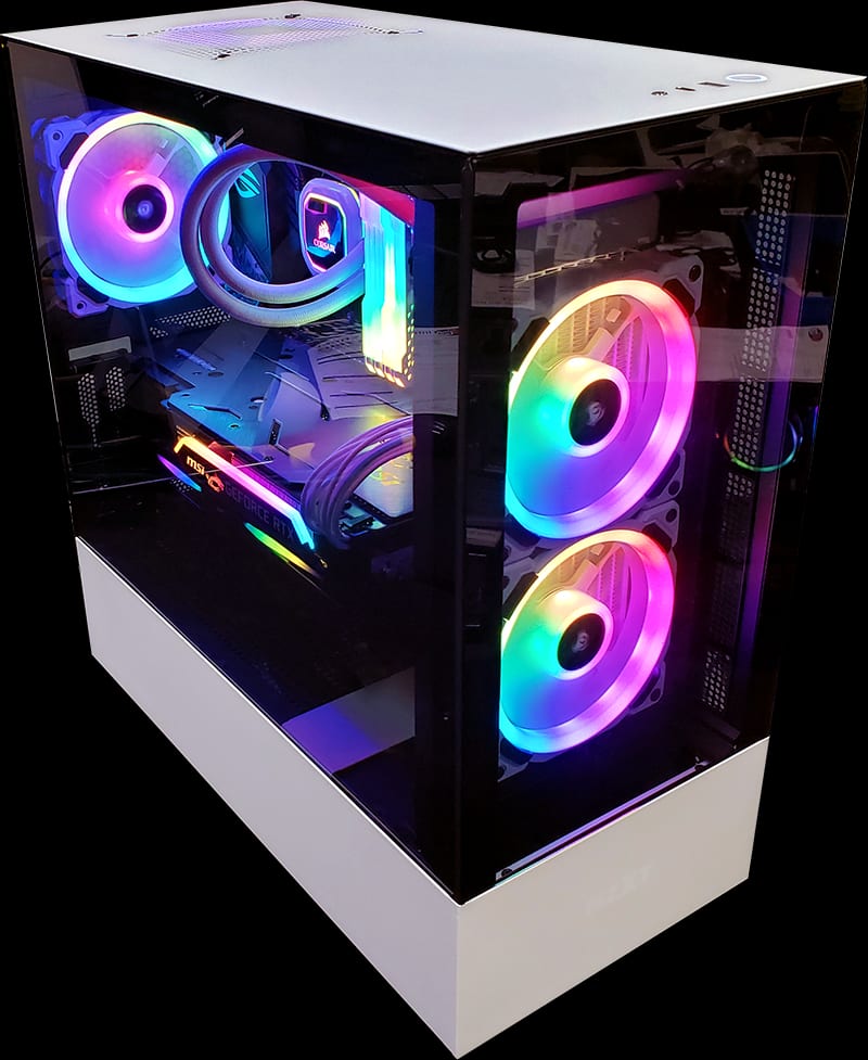 The same white case from the front corner, with two large RGB intake fans lit in pink and orange behind the smoked front panel