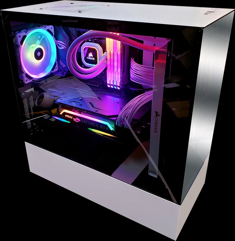 A white PC case with smoked glass, lit pink and purple, showing a Corsair liquid cooler, RGB memory and looped white sleeved power cables