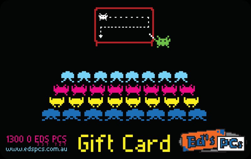 Ed's PCs gift card, Space Invaders design