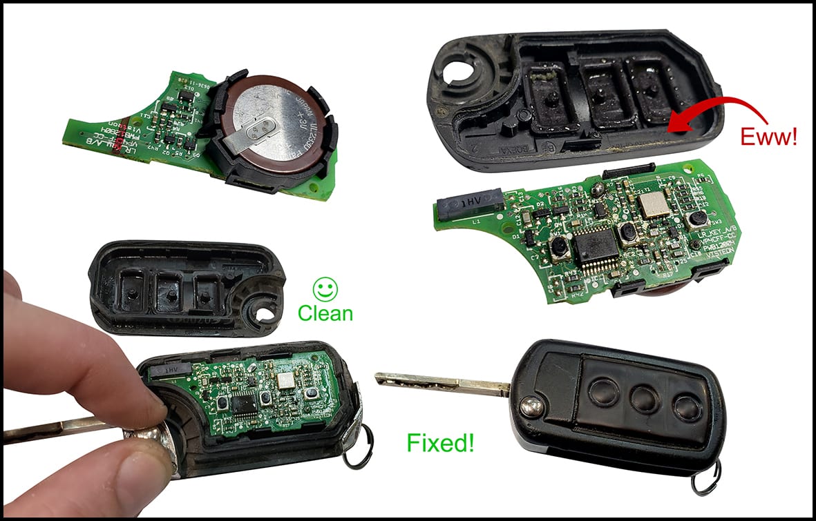 A flip car key remote dismantled on the bench, shown grimy before cleaning and reassembled working afterwards, with hand-drawn Eww, Clean and Fixed labels