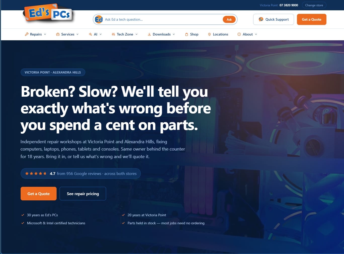 The Ed's PCs homepage as it looks today — built in-house with AI agents alongside us.
